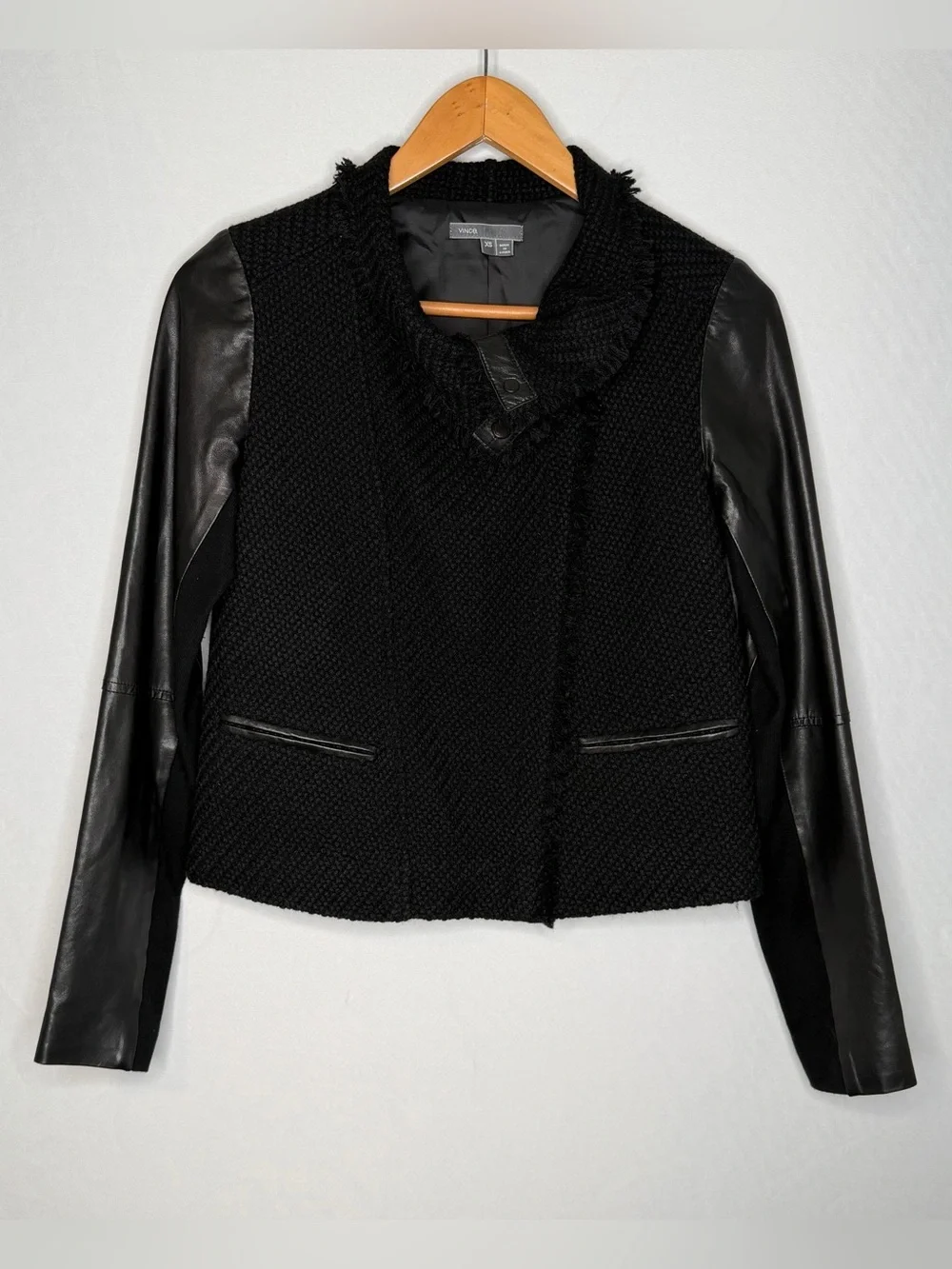 VINCE Black Lamb Leather Wool Boucle Tweed Cropped Moto Jacket. Size XS.